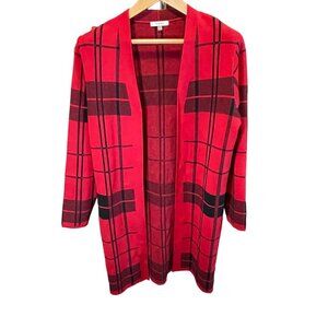 Sioni Red Black Checked Knit Long Sleeved Open Cardigan Sz M
